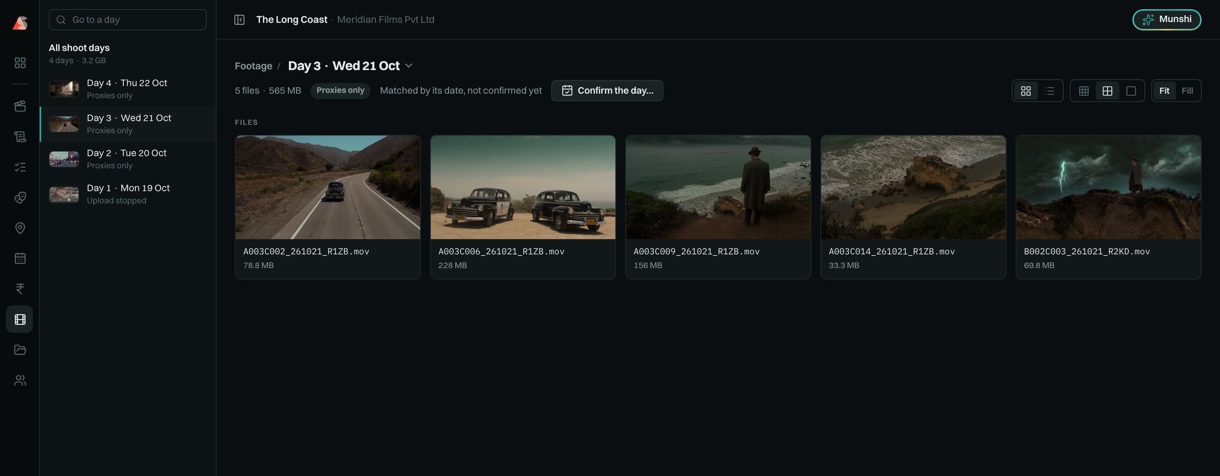 Day 3 of The Long Coast: five files, each with its picture, name and size, and the day matched by its date, not yet confirmed.