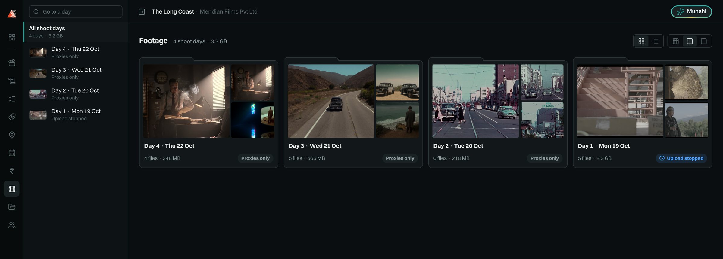 The Long Coast's footage: four shoot days, each with its pictures, its files and its size, and Day 1 marked Upload stopped.