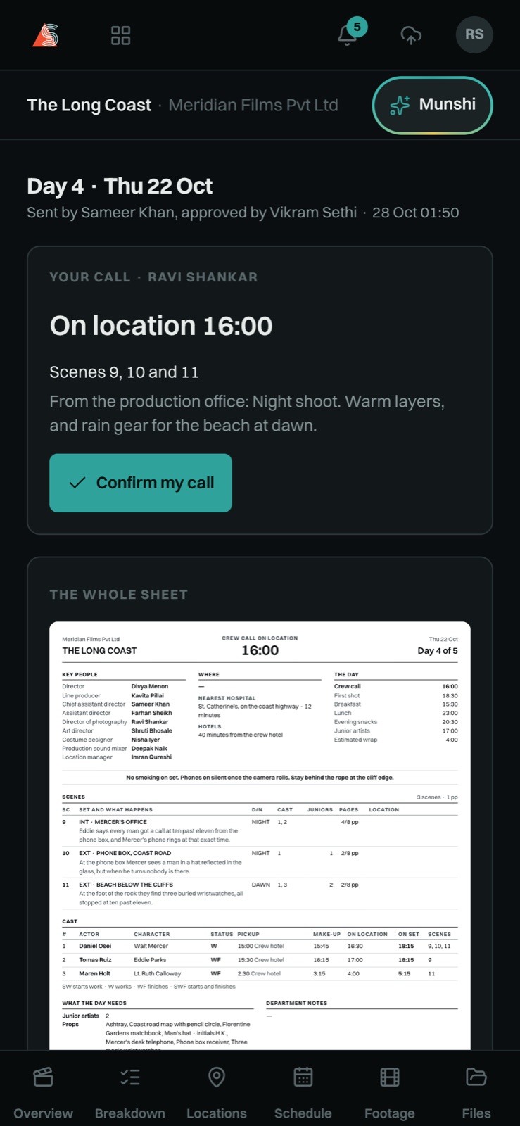 A crew member's call on a phone: on location at 16:00 for scenes 9, 10 and 11, with a button to confirm it.